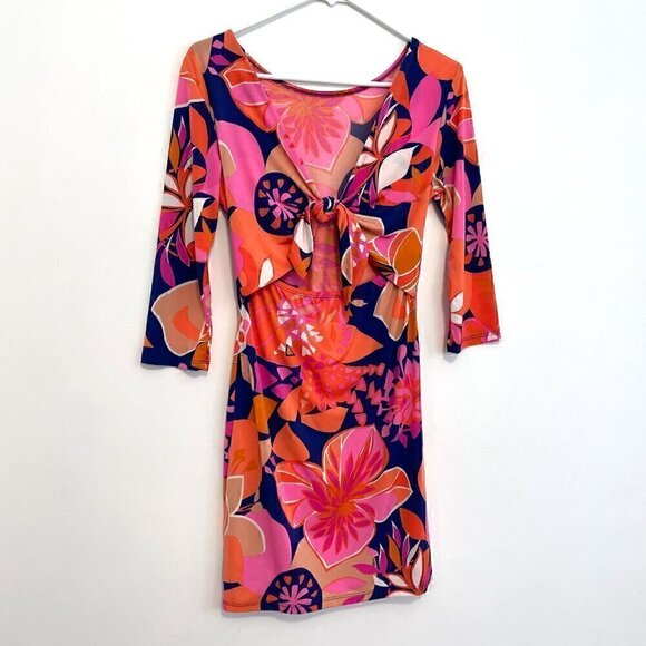 TRINA TRINA TURK Ocean Floral Matte Jersey Tie Back Dress Orange Pink Mini Party - Picture 11 of 14